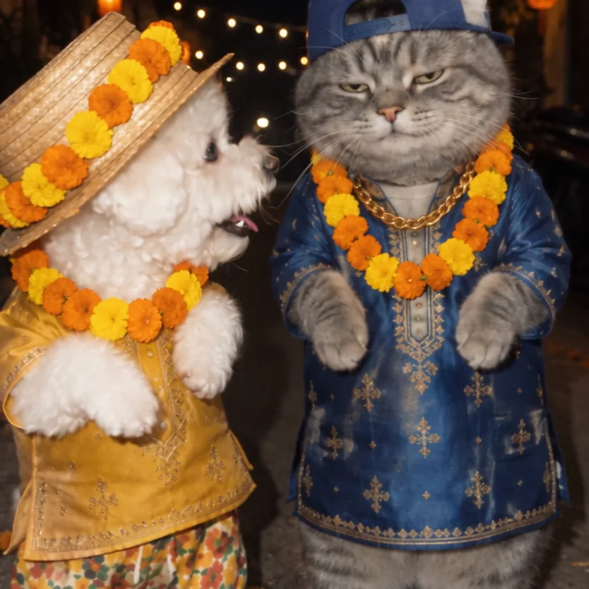 Pooshong and the Cat Boss in festival outfits with marigold garlands
