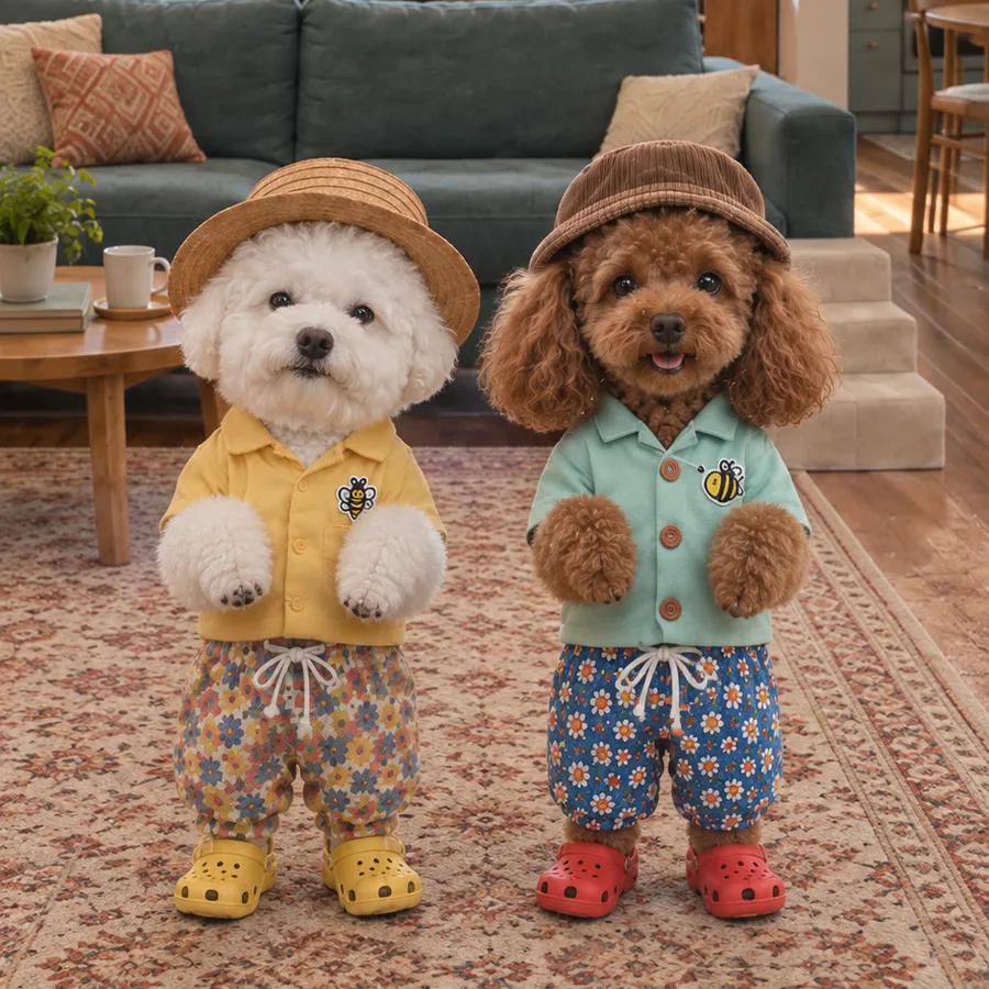 Pooshong (white bichon) and Daebak (brown poodle) standing side by side in matching floral pants