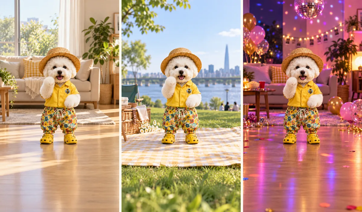Pooshong in three backgrounds: living room, riverside picnic, party