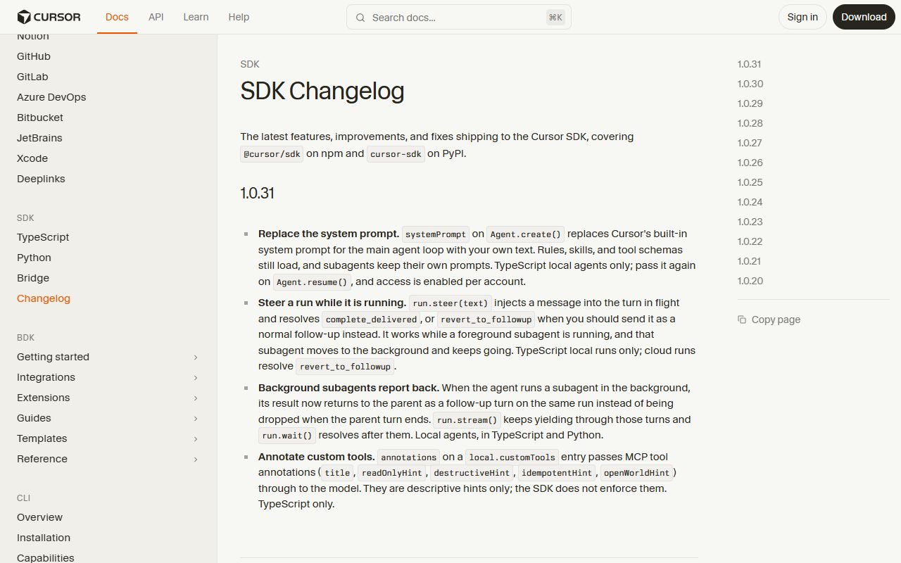 Cursor 공식 문서 · SDK 1.0.31 변경 내역