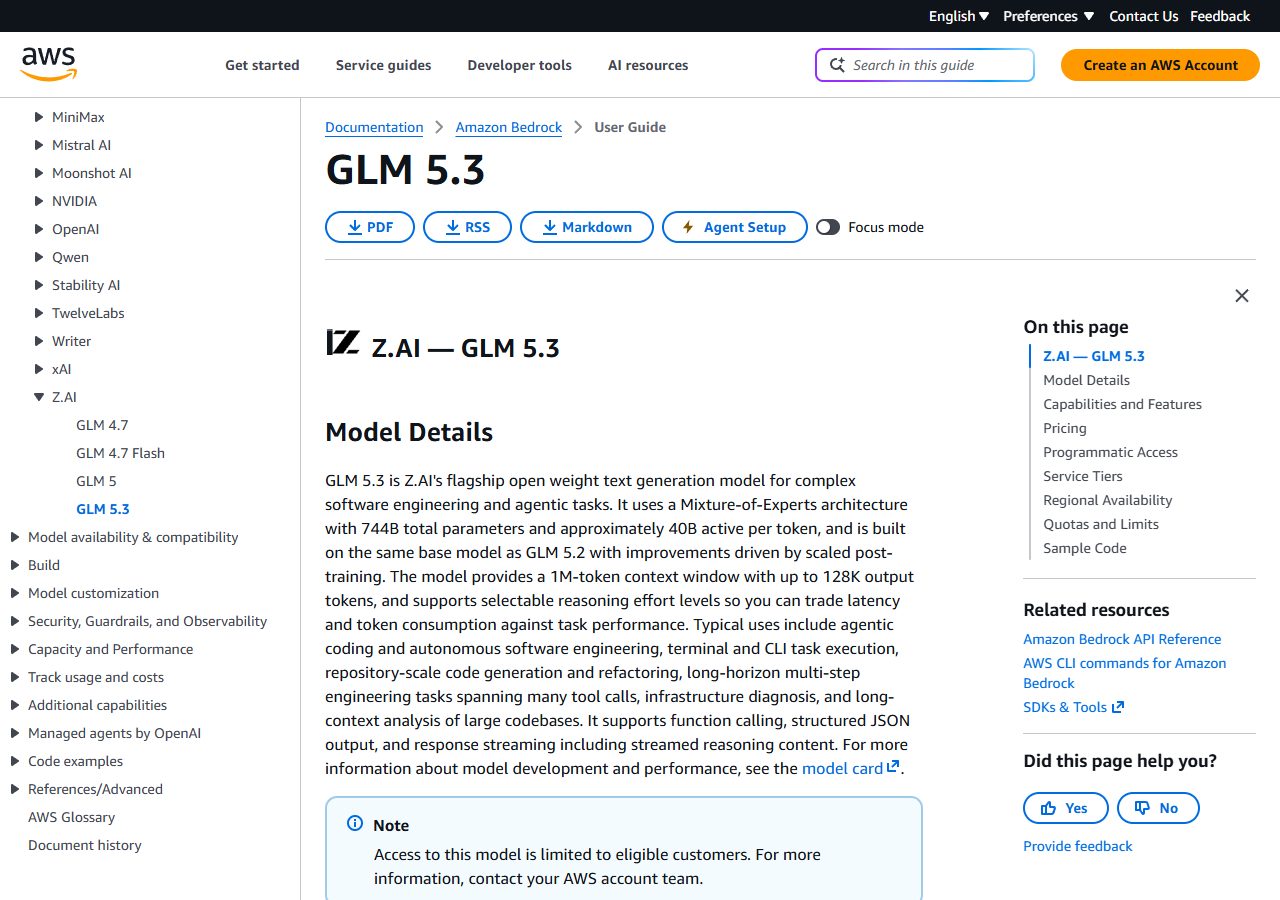 Amazon Bedrock 공식 문서 · GLM 5.3 모델 카드