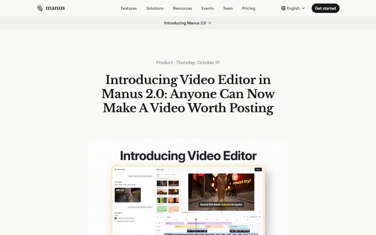 Manus 공식 블로그 · Introducing Video Editor in Manus 2.0