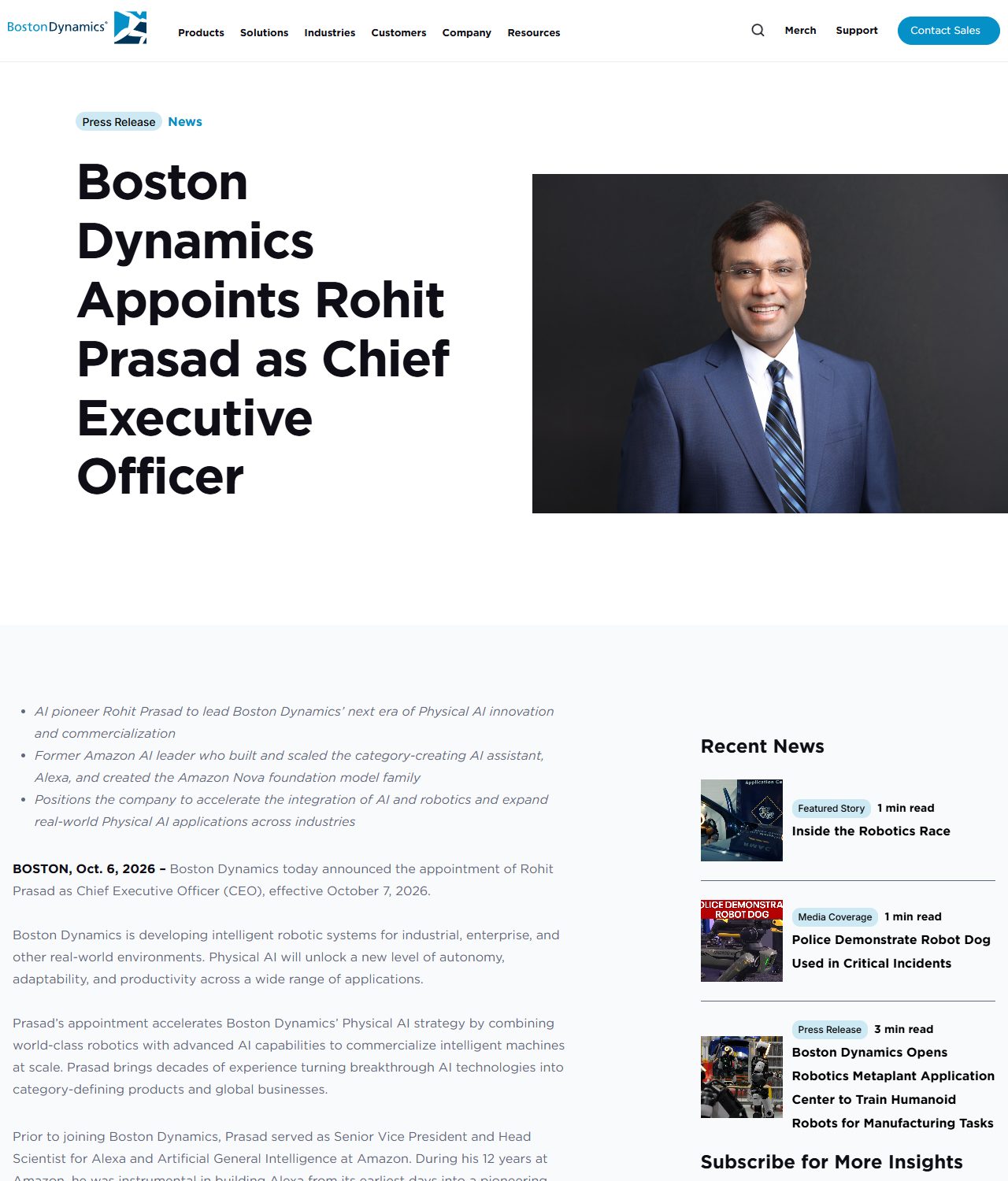 Boston Dynamics 공식 보도자료 · Rohit Prasad CEO 선임