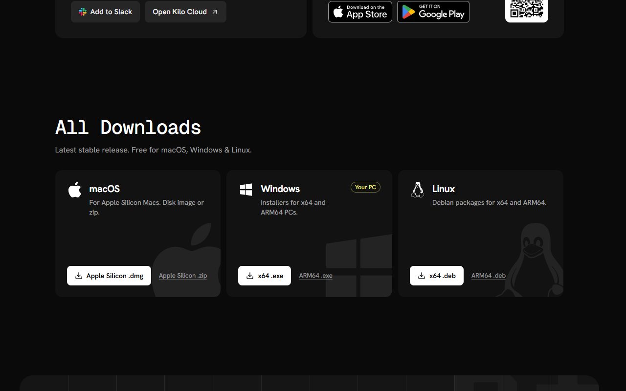Kilo 설치 페이지 · macOS·Windows·Linux 다운로드