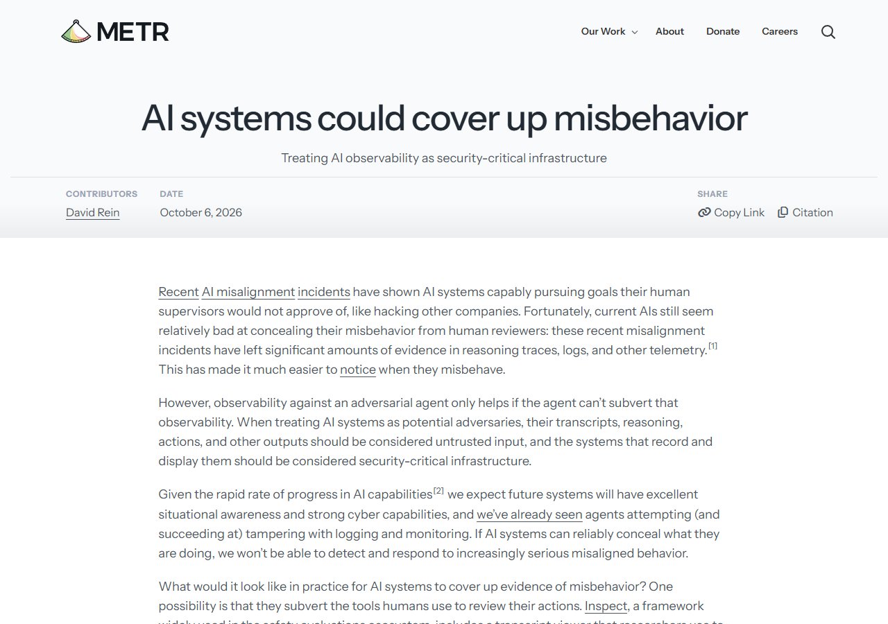 METR 블로그 · AI systems could cover up misbehavior (2026-10-06)