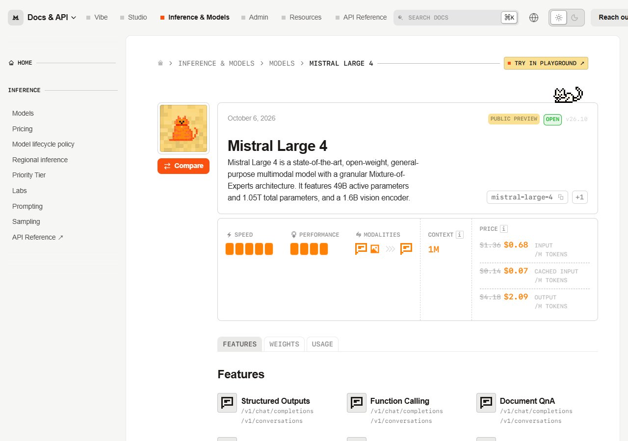 Mistral 공식 문서 · Mistral Large 4 모델 페이지 (문맥 1M, 가격)
