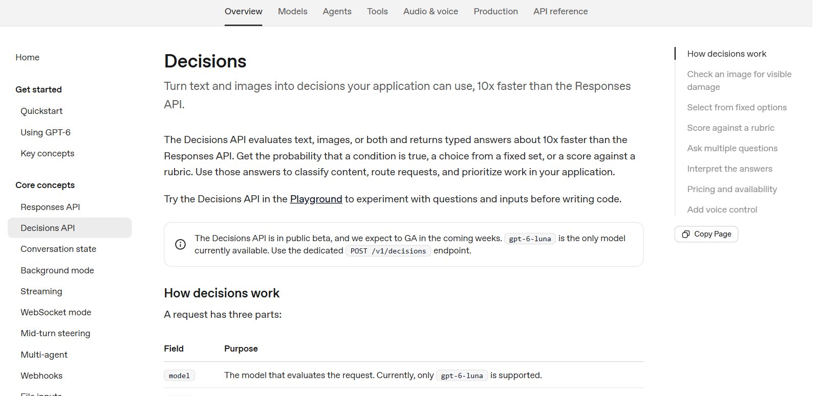OpenAI API 문서 · Decisions (공개 베타, gpt-6-luna)