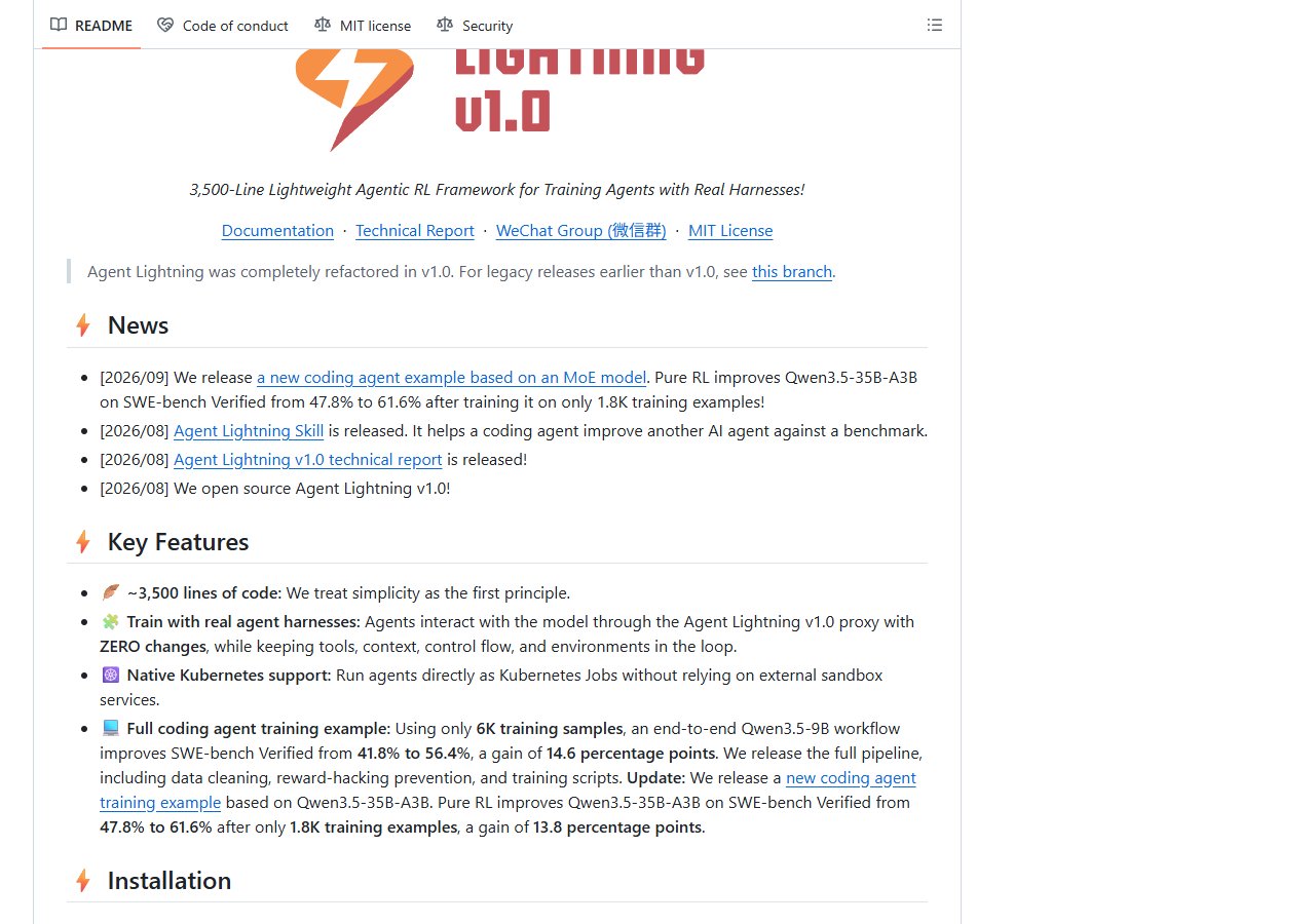 GitHub · microsoft/agent-lightning 저장소의 소식란과 핵심 기능