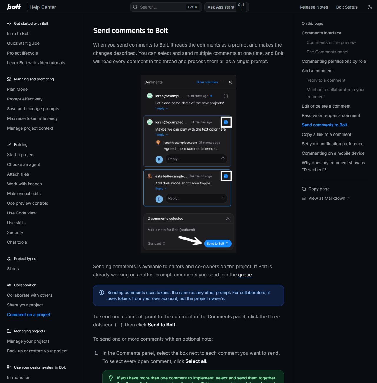 Bolt 공식 도움말 · Send comments to Bolt (보내기는 Editor·Co-owner만, 토큰 사용)