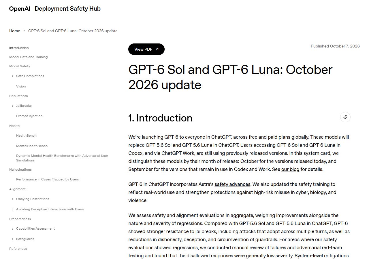 OpenAI 안전 보고서 'GPT-6 Sol and GPT-6 Luna: October 2026 update' 첫 화면 (10월 7일 공개).