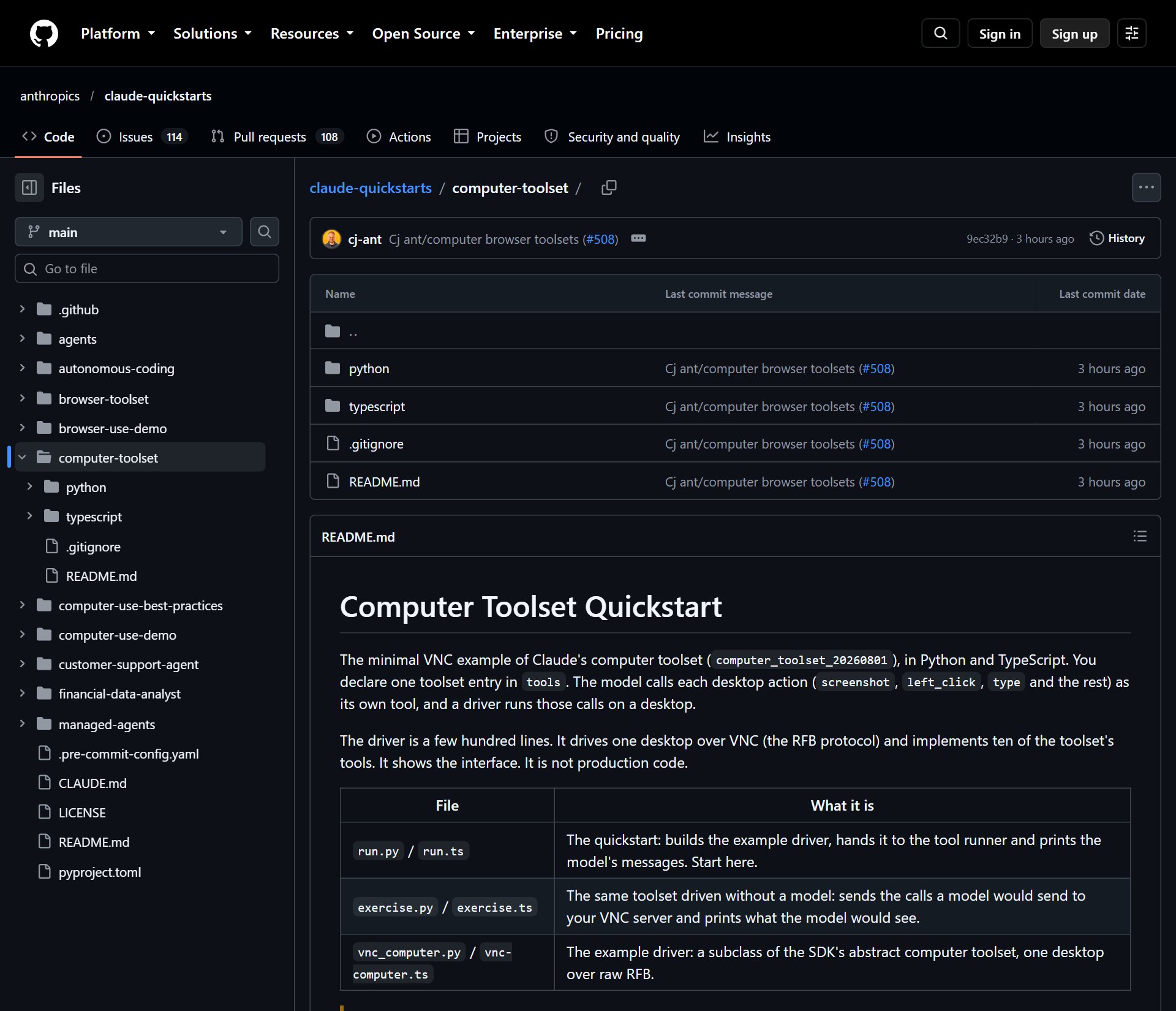GitHub · anthropics/claude-quickstarts의 computer-toolset 예제 (10월 8일 아침 캡처)