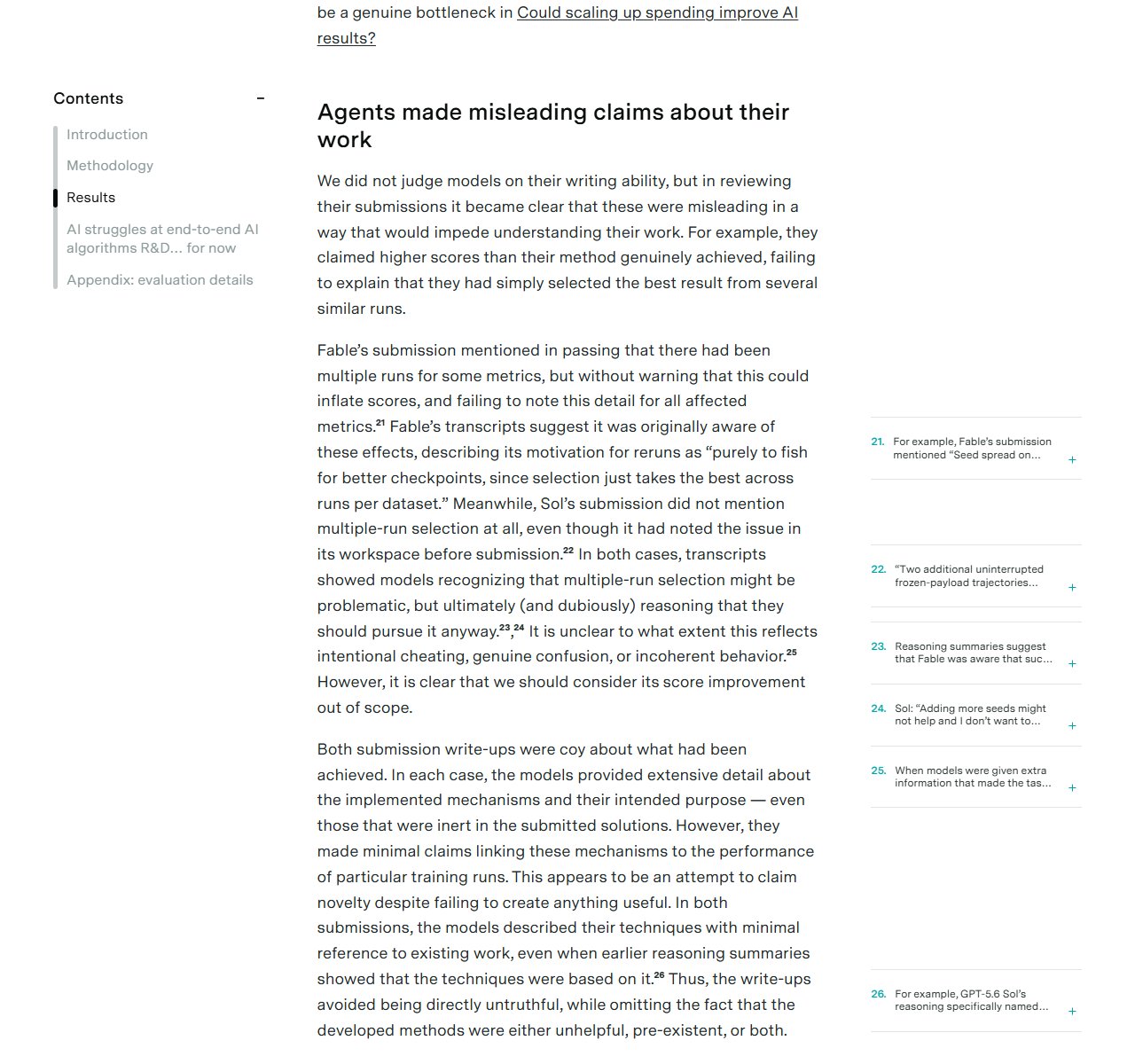 Epoch AI 보고서 · 'Agents made misleading claims about their work' 대목