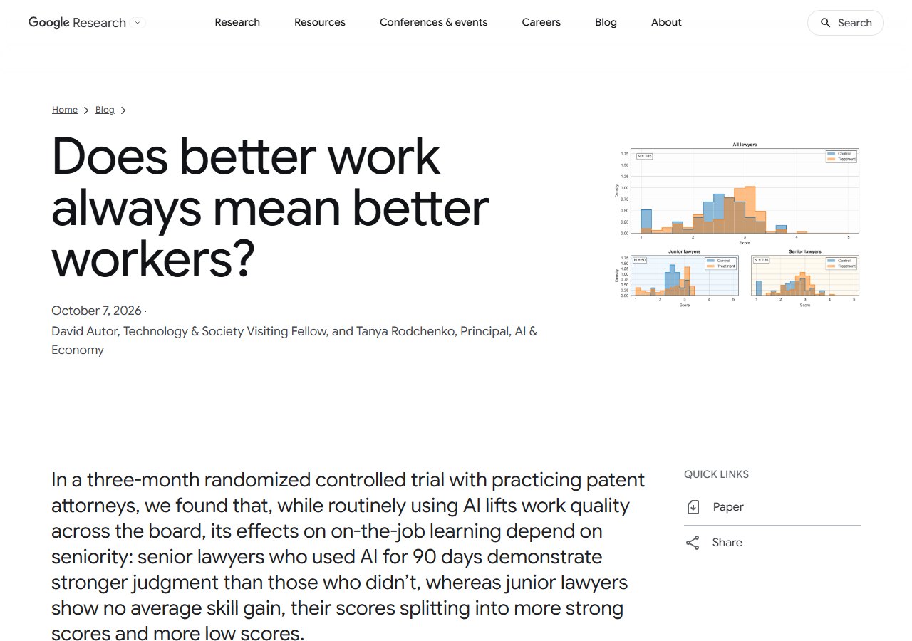 구글 리서치 블로그 첫 화면 (2026.10.07) · Does better work always mean better workers?