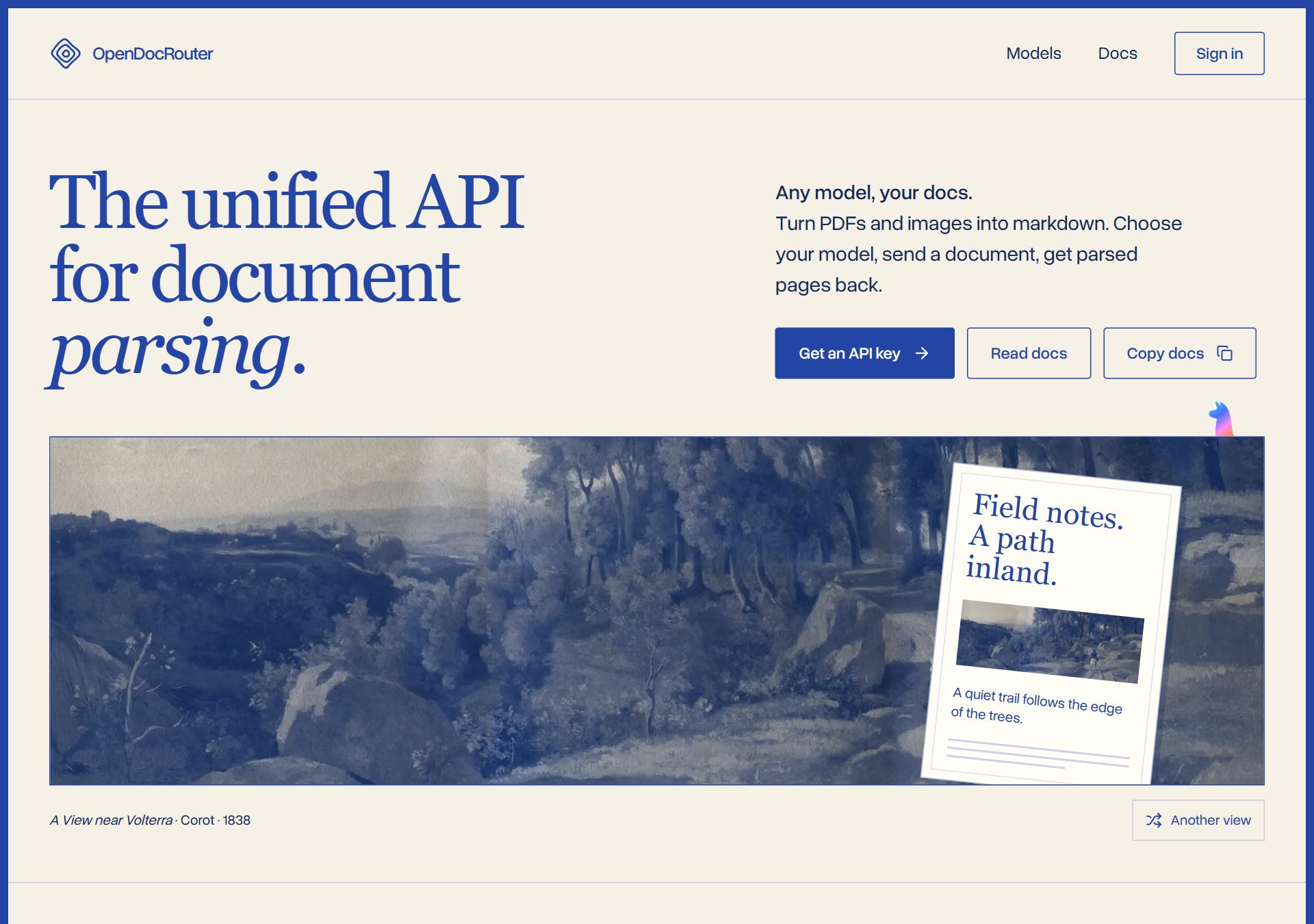 OpenDocRouter 첫 화면 · "The unified API for document parsing."