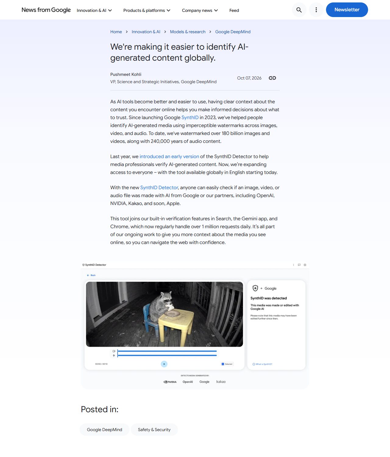 구글 공식 블로그 · SynthID Detector 확대 발표 (10월 7일). 파트너로 OpenAI, NVIDIA, Kakao, "and soon, Apple"이 적혀 있어요