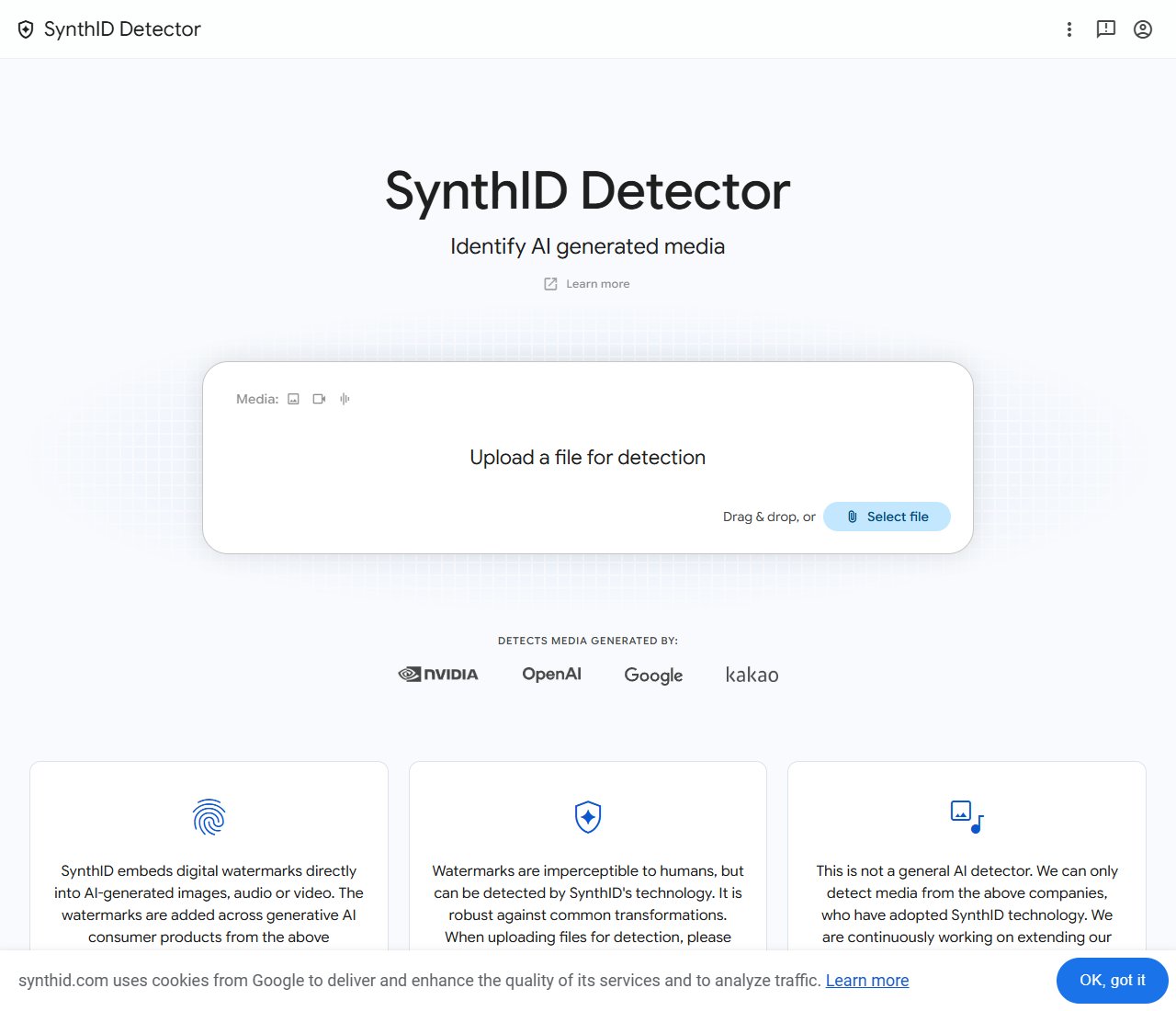 synthid.com 첫 화면 · 'DETECTS MEDIA GENERATED BY' NVIDIA·OpenAI·Google·kakao, 오른쪽 아래 "This is not a general AI detector"