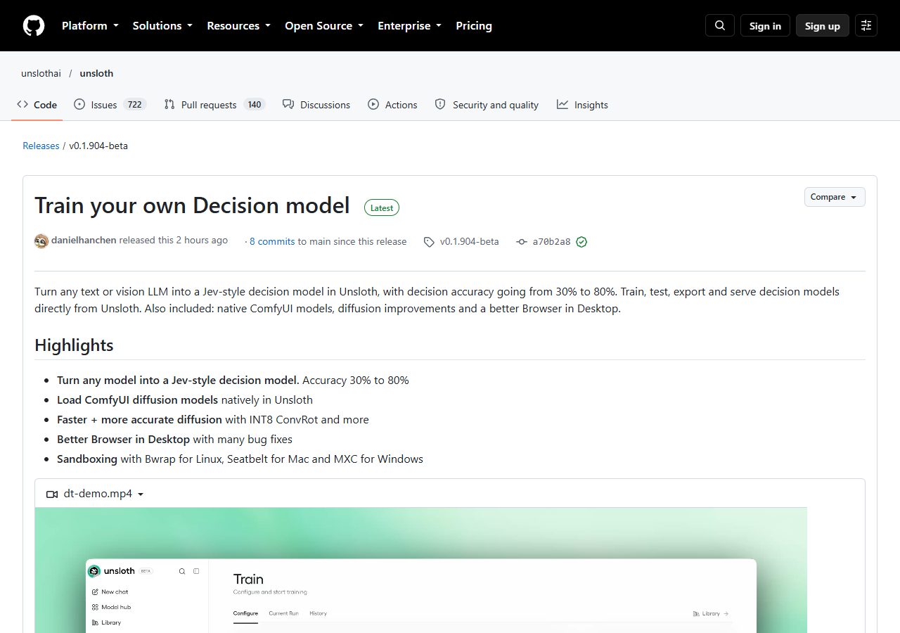 GitHub · Unsloth v0.1.904-beta 배포 안내