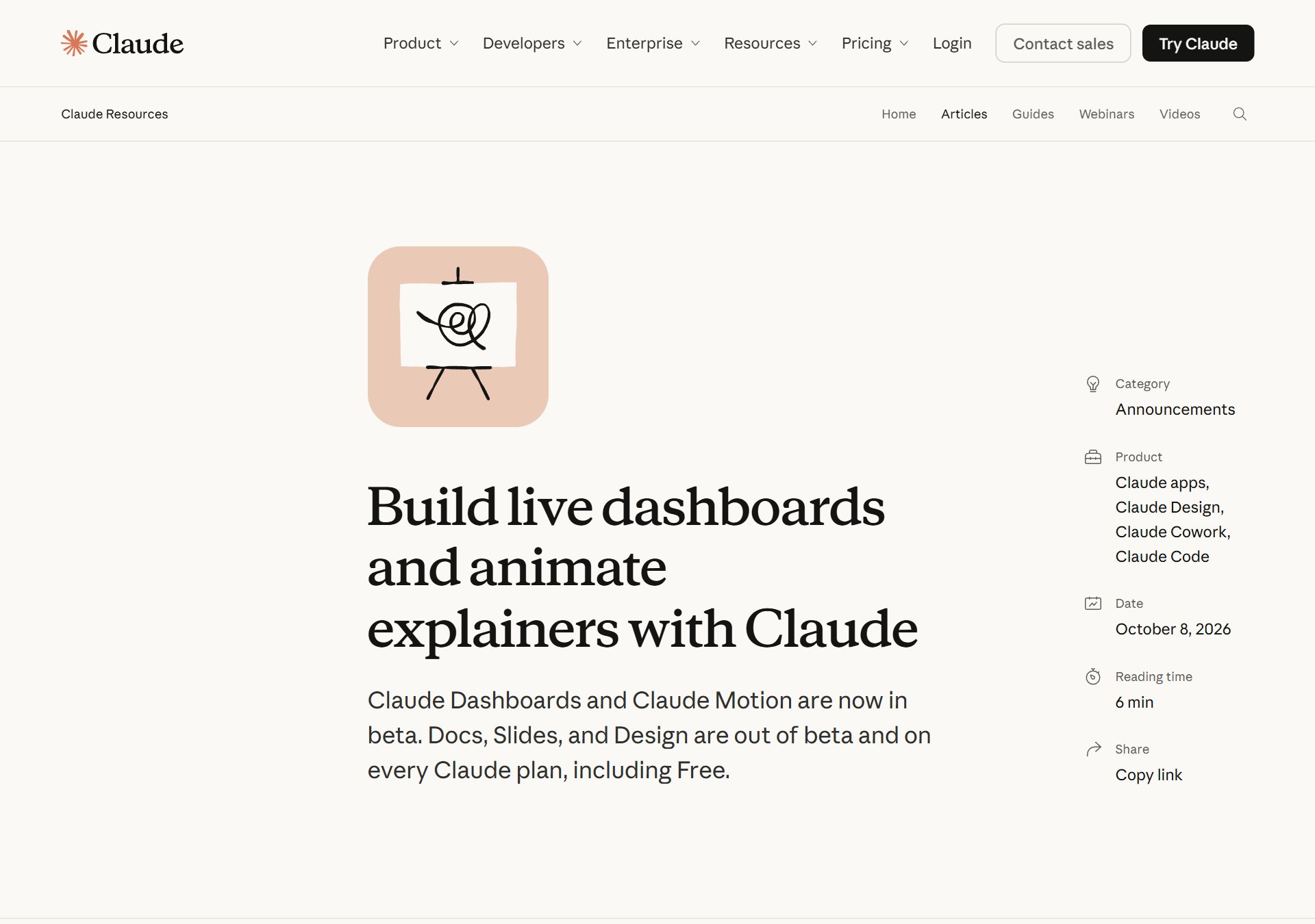 Claude 공식 글 · "Build live dashboards and animate explainers with Claude" (2026년 10월 8일)