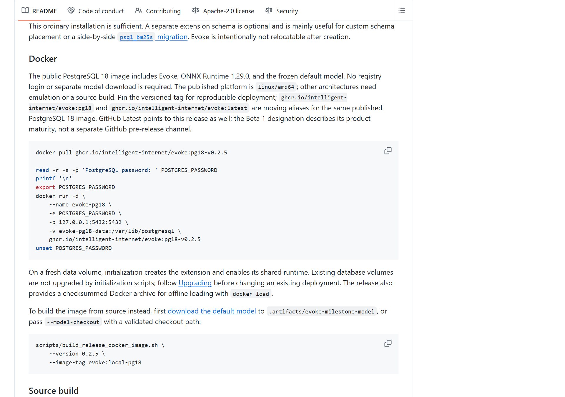 GitHub 설명서의 Docker 설치 부분 · evoke 이름의 이미지와 실행 명령 (10월 9일 아침 캡처)
