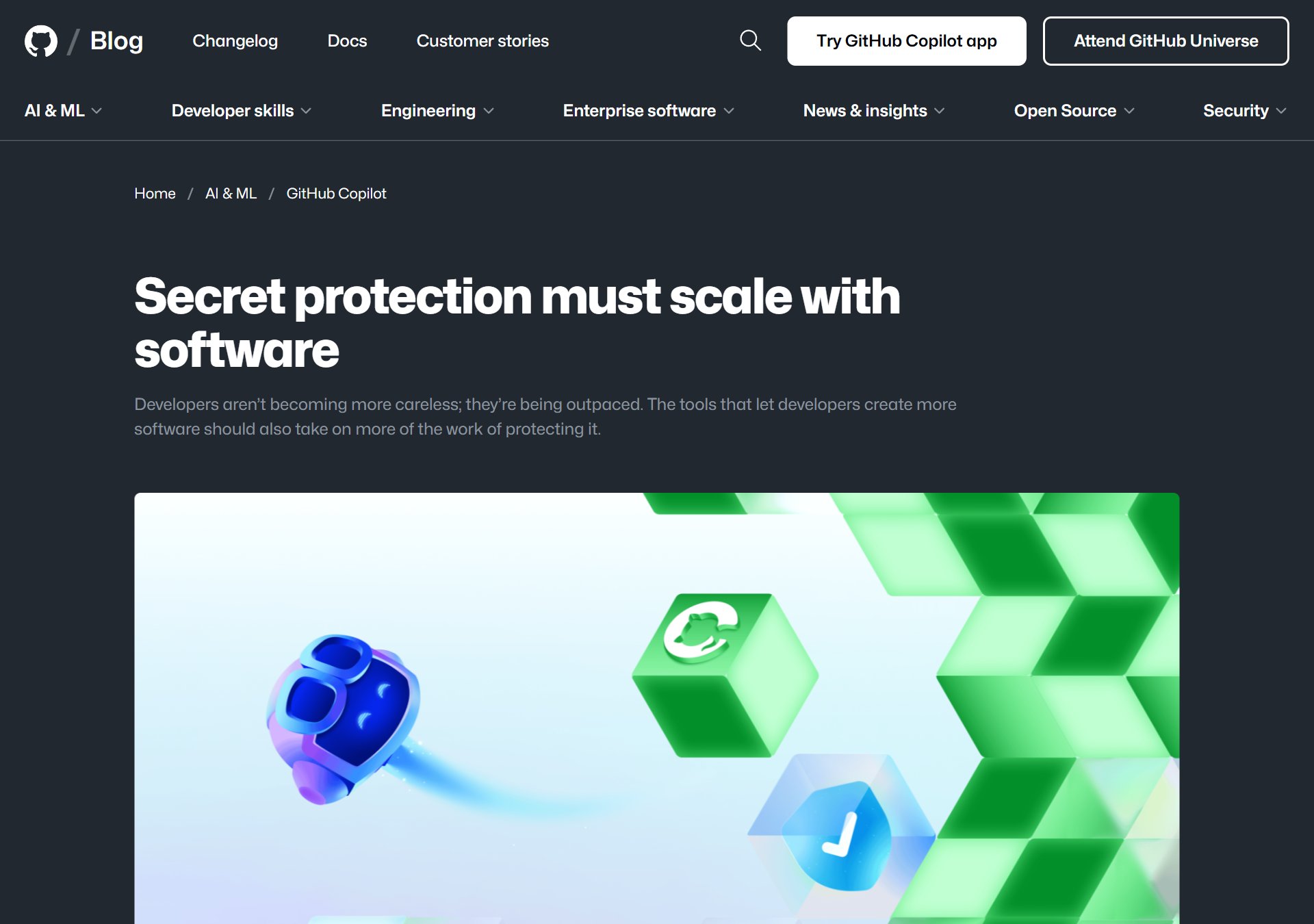 GitHub 블로그 글 첫 화면 · Secret protection must scale with software