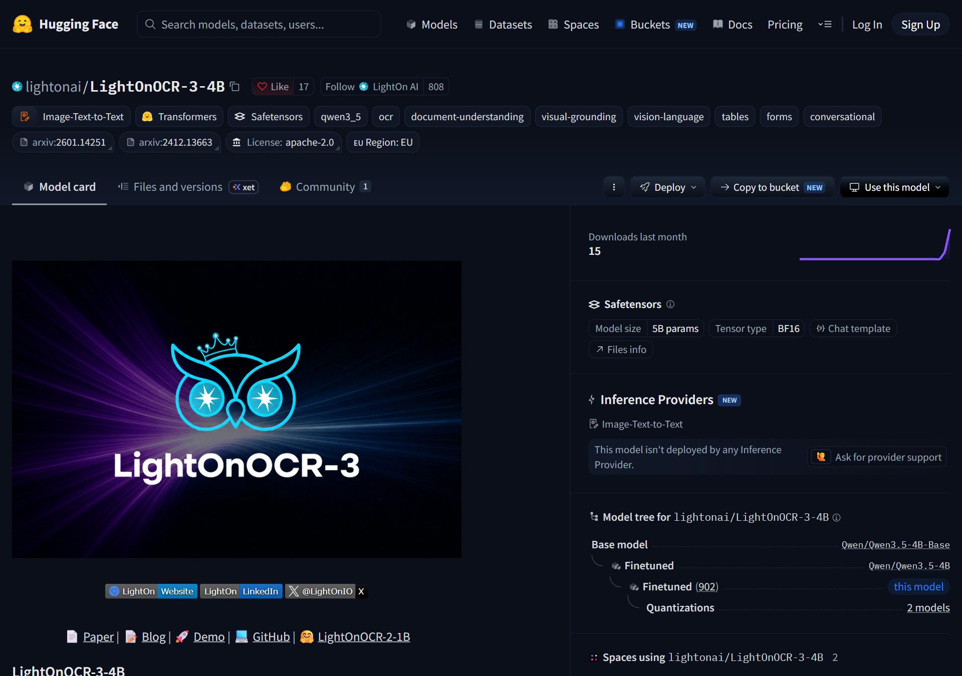 Hugging Face 모델 카드 · lightonai/LightOnOCR-3-4B, License: apache-2.0
