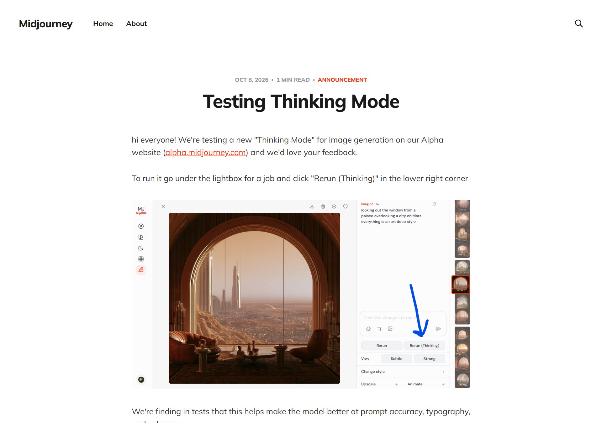Midjourney 공지 'Testing Thinking Mode' (10월 8일) · 화살표가 가리키는 곳이 'Rerun (Thinking)' 버튼이에요