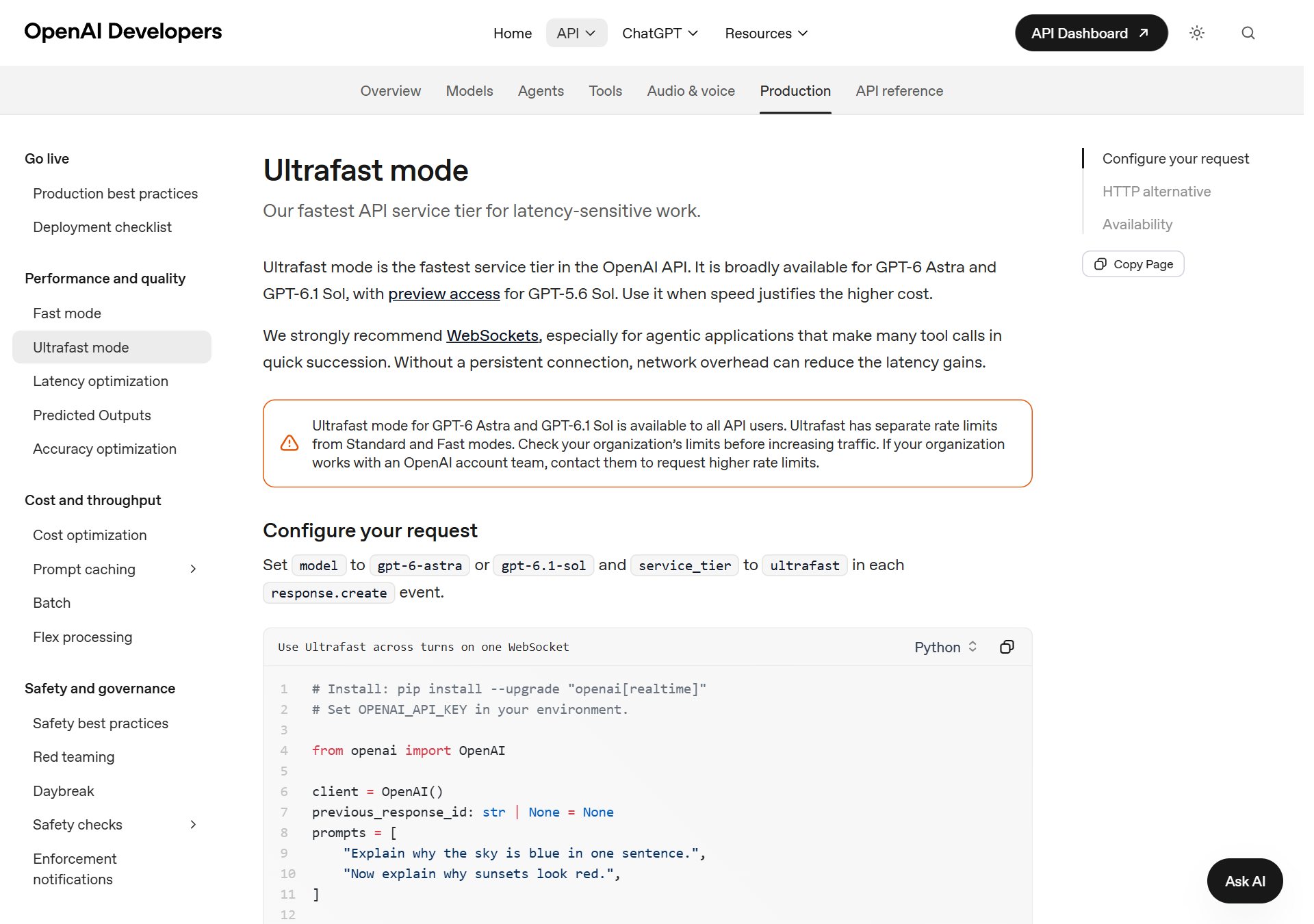 OpenAI 개발 문서 · Ultrafast mode. 모든 API 사용자에게 열려 있고 WebSocket을 권한다고 적혀 있어요