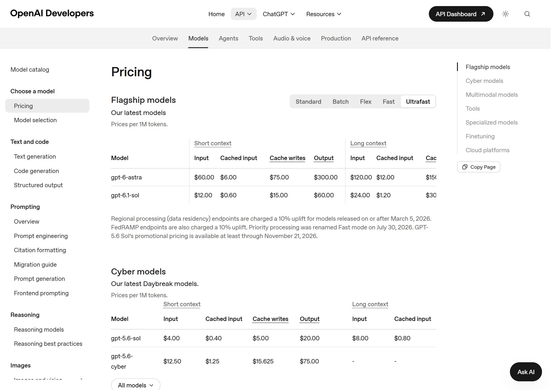 OpenAI API 가격표의 Ultrafast 탭 · gpt-6.1-sol 입력 $12.00, 출력 $60.00 (10월 9일 아침 캡처)